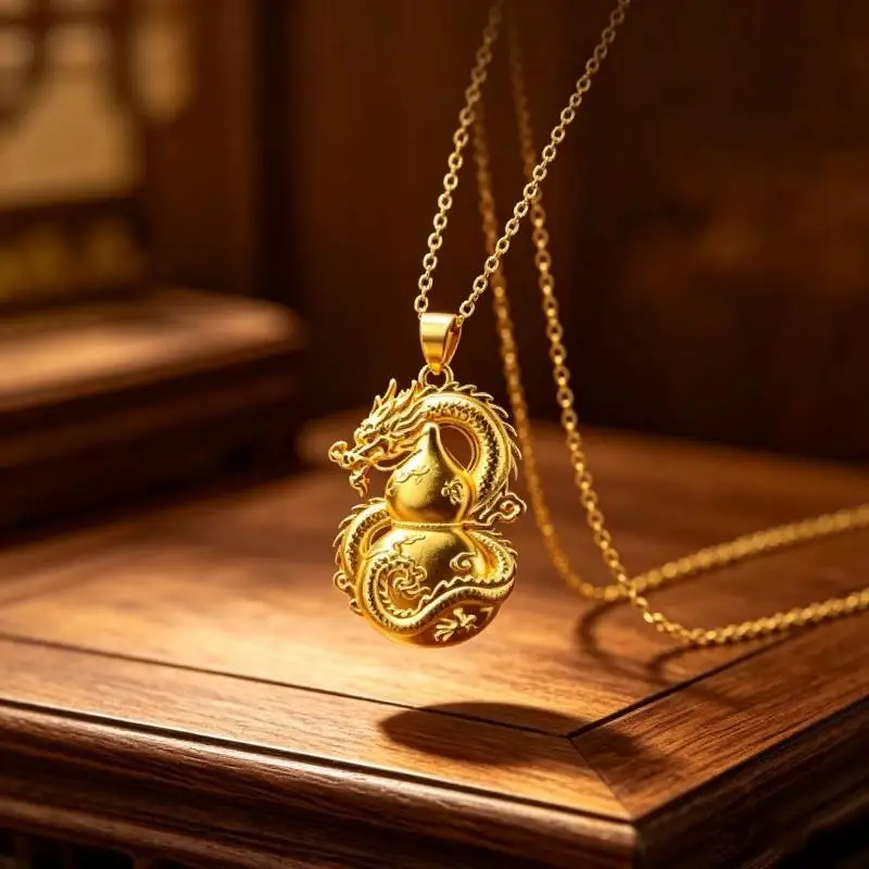 Gold Dragon Gourd Pendant Necklace With Intricate Carvings Auspicious Symbolism Perfect For Daily Wear Gifting Jewelry