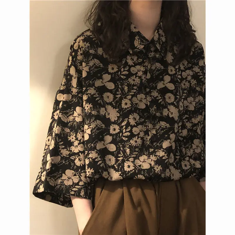 XEJ Vintage bluzka dla kobiet koszula w kwiaty Top Y2k damskie letnie topy 2023 Oversize pół rękawa koszula na co dzień Top