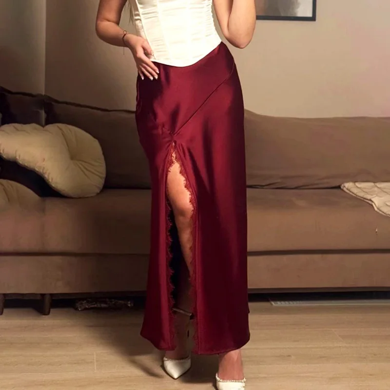 Ticketsx moda cetim renda divisão saias sexy sólido vintage retalhos cintura alta maxi saia elegante novas mulheres festa clube saias