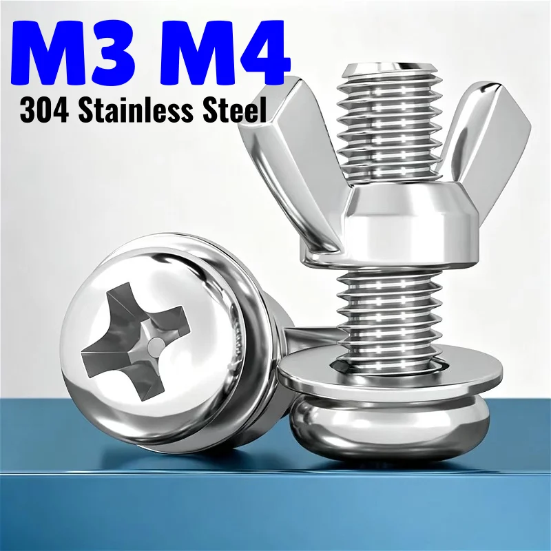 A2 304 Stainless Steel M3 M4 Cross Phillips Round Head Screw With Flat Washer Butterfly Nut Three Combination Sets