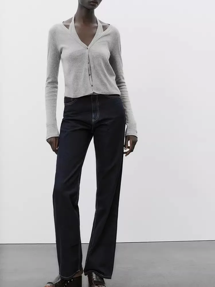 2025년 봄 여성 심플 네크라인 티셔츠 레이어드 긴팔 V넥 자켓 신상 출퇴근 스타일 슬림핏 폴리에스터 니트