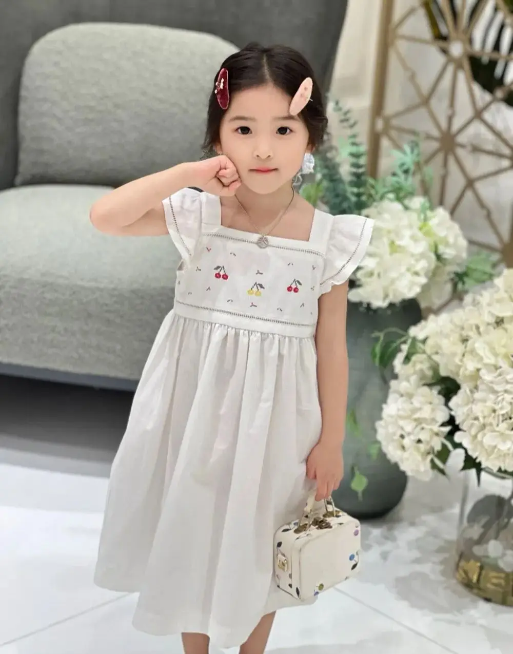 summer baby girls clothes kids dresses cherry pattern embroidery Sweet white girl's dress