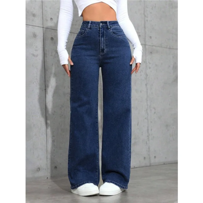 High-Waisted Straight-Leg Jeans Women's Pants Loose Fit American Blue Washed Fashion with Front & Back Pockets Daily Casual Wear