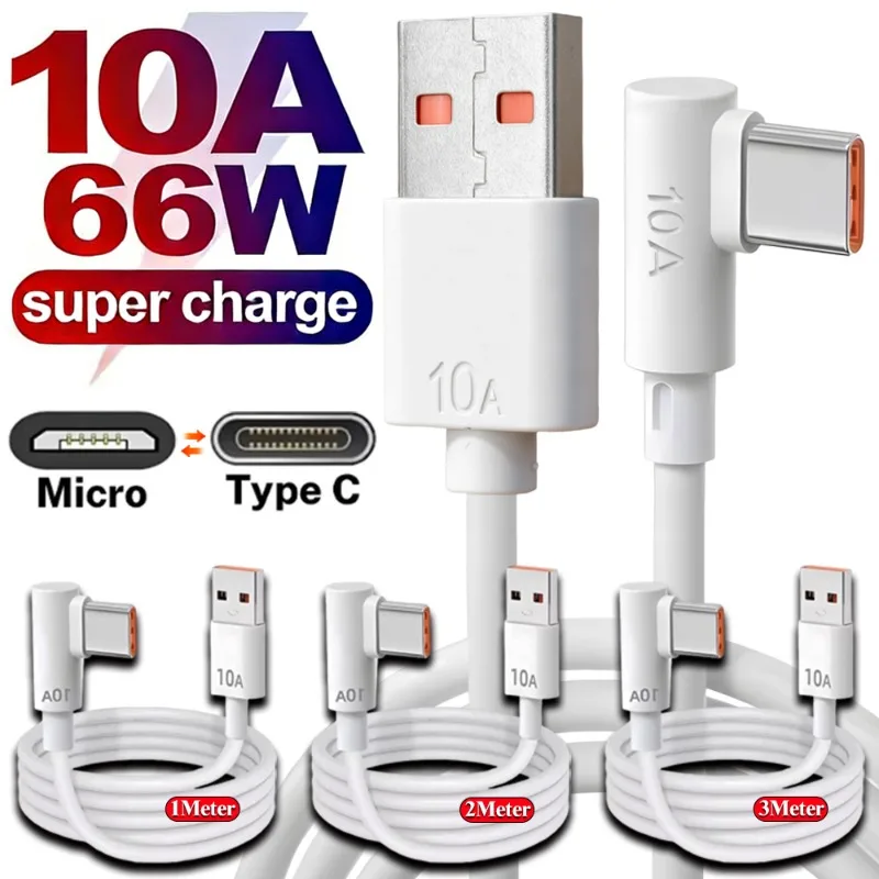 66W 10A Super Quick Charging TypeC Cable 90° Elbow Game USB C Type-C Charger WireCord for Samsung Huawei Honor Xiaomi Android
