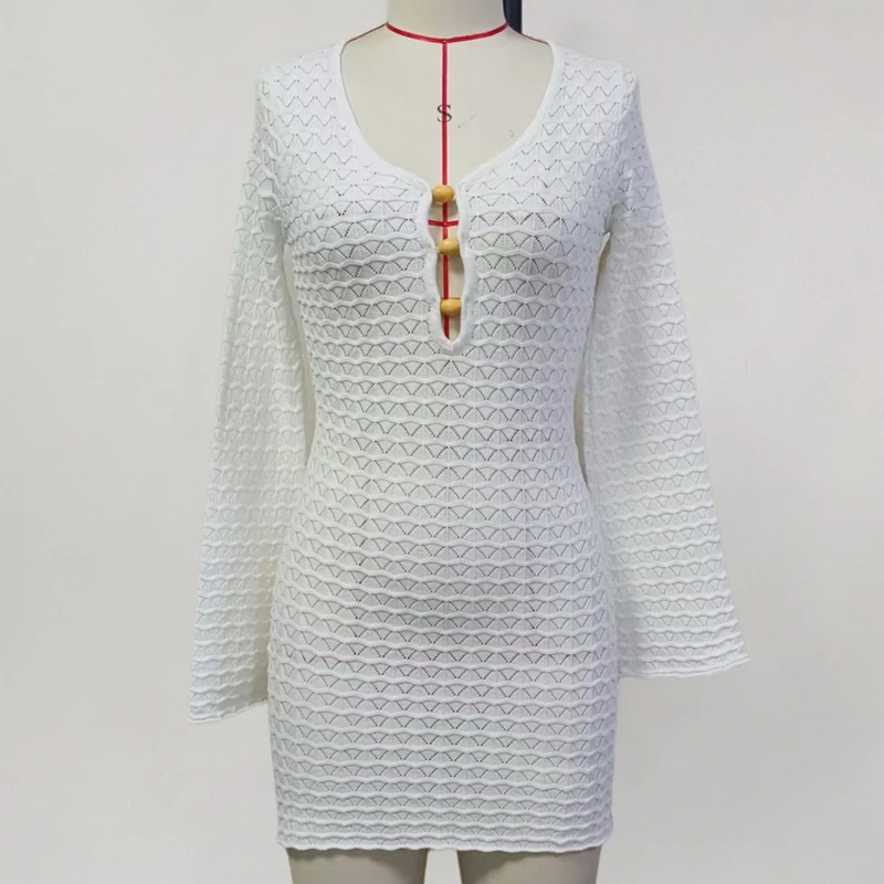 Para Praia-Robe de plage à manches longues, chemise ajourée, cover-up, sexy, vêtements de plage, été, 2025