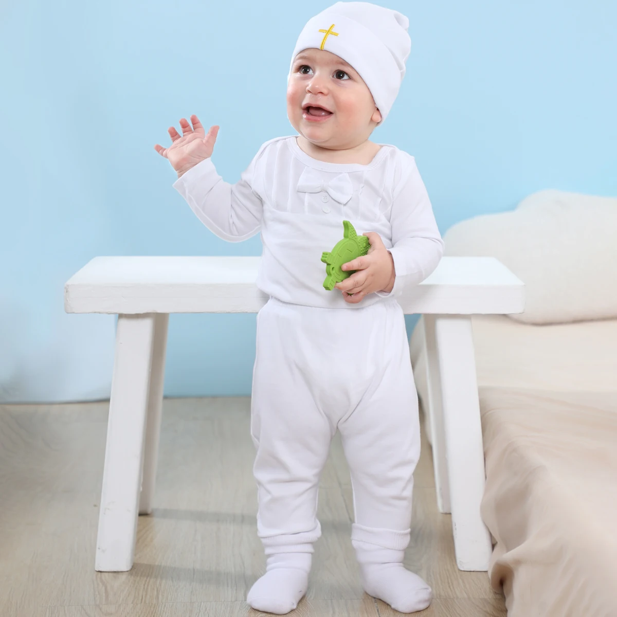 Baby Boy Baptism Outfit Newborn Girl Christening Birthday Party Clothes Set White Long Sleeve + Pants + Hat + Socks + Shoes 5PCS