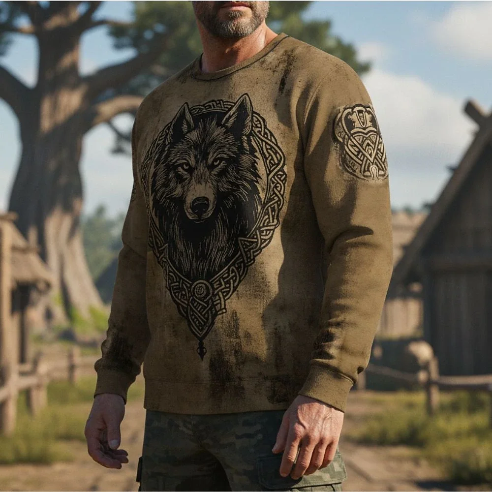 

Men's Sweatshirt Crew Neck Wolf Celtic Knot Print Casual Holiday Vintage Fall Winter Clothing Hoodies Sweatshirts Long Sleeve