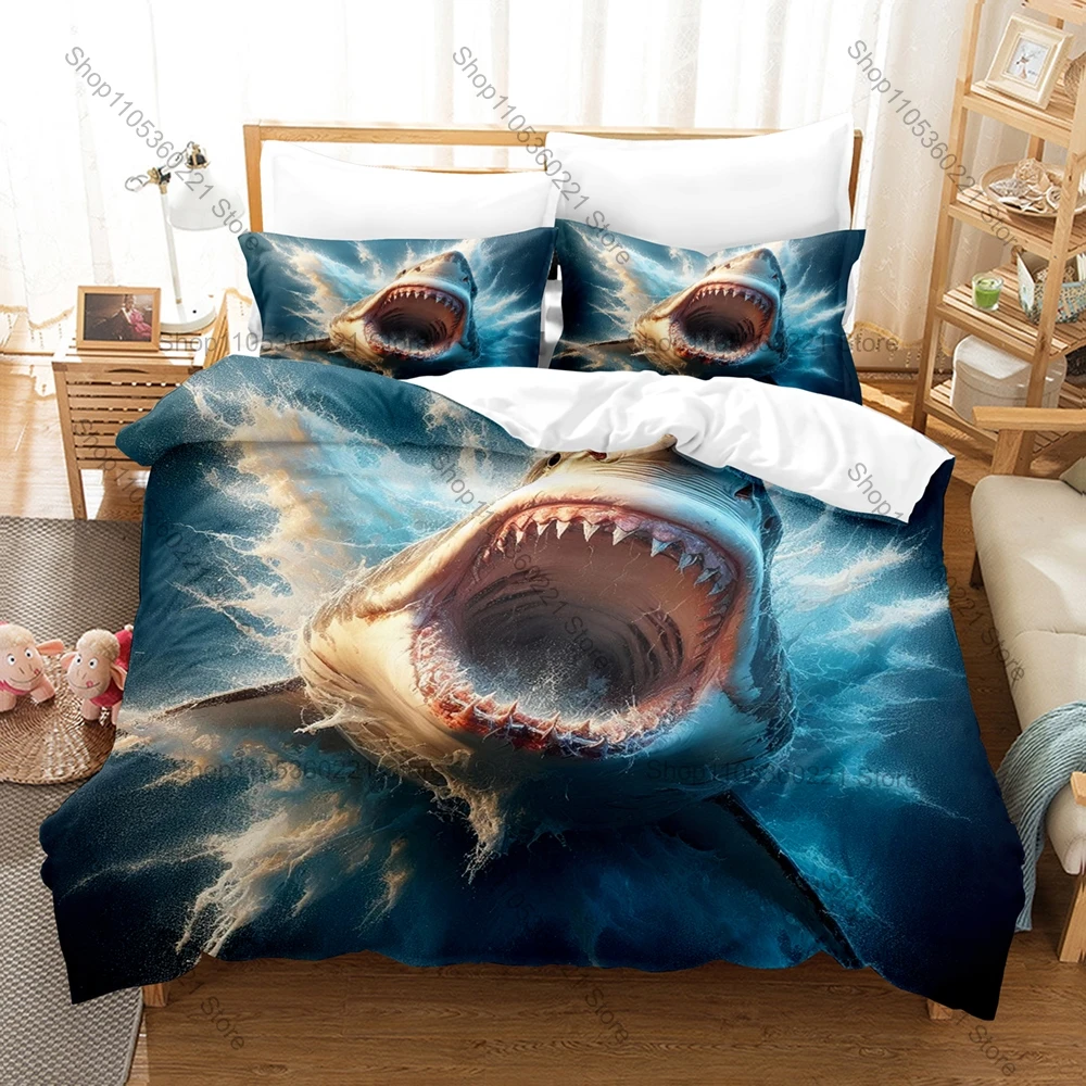 

Kawaii Cartoon Shark Three Piece Bedding Set Luxury Comforter Set with Queen King Size Cool Two household goods Anime bedding se