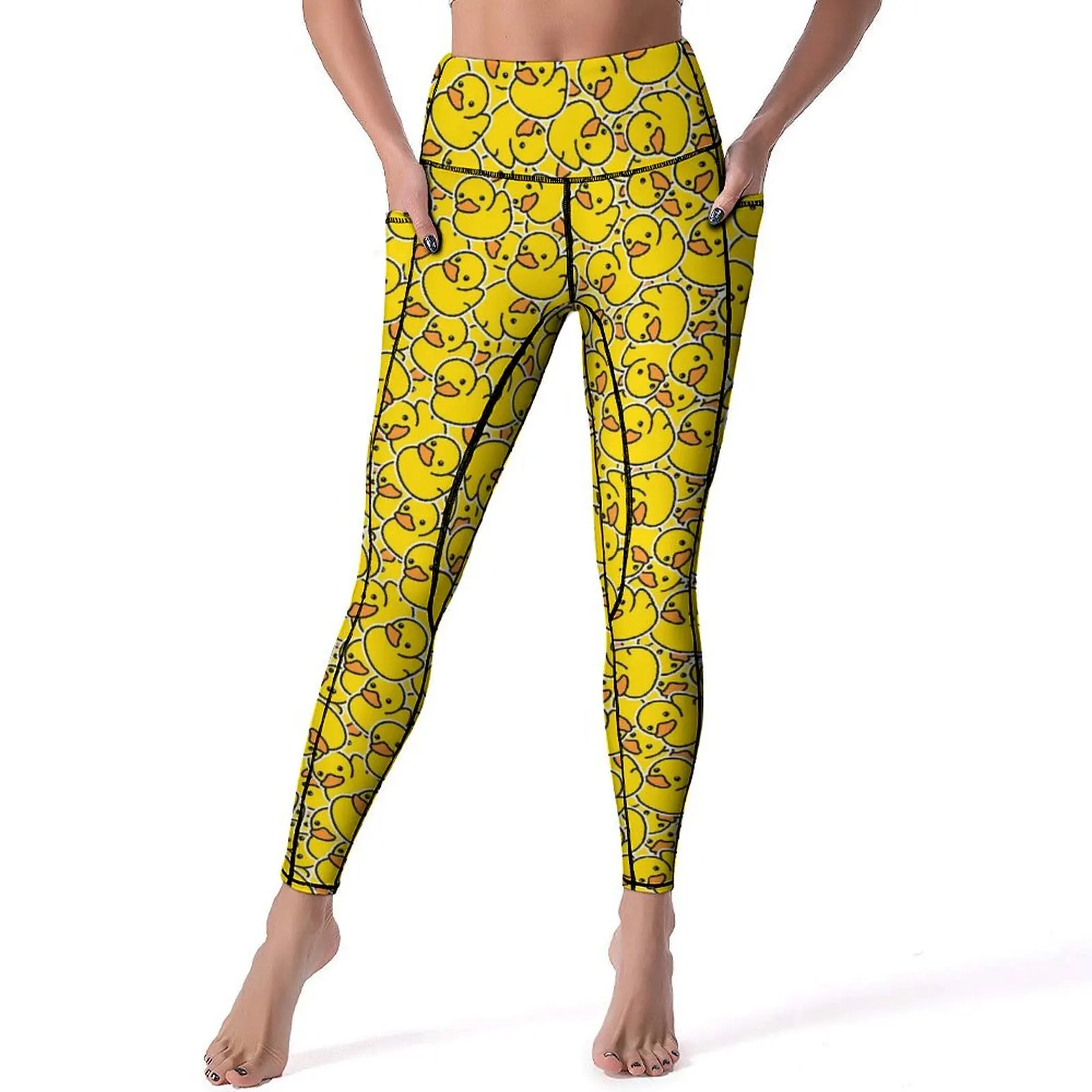 Yellow Classic Ducks Yoga Pants Pockets Kawaii Animal Leggings Sexy Push Up Funny Yoga Sports Tights Stretch Design Gym Leggins