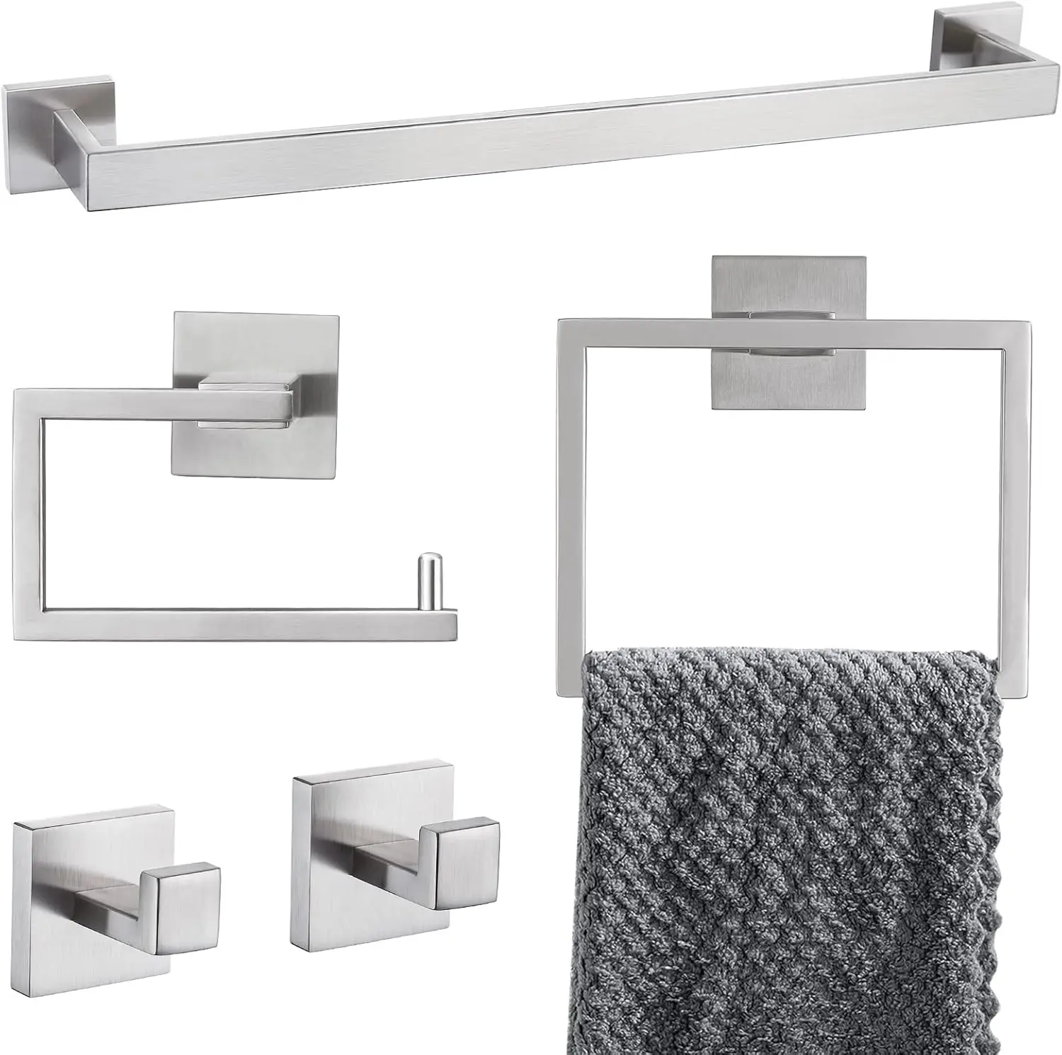 5-Piece Bathroom Hardware Accessories Set 23.6 inch Towel Bar Towel Rack Sets Modern Towel Ring Kit Stainless Steel Wall