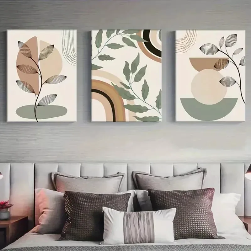 2D Flat, 3pcs Framed Canvas Posters & Prints - Minimalist Botanical & Geometric Wall Art Suitable for Living Room, Bedroom, K