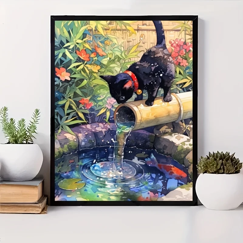 Adult Decor Jigsaw Puzzle, Vivid Butterfly Art, Bamboo Pond Black Cat, Floral Mosaic Cat, Reading Cat Bathroom
