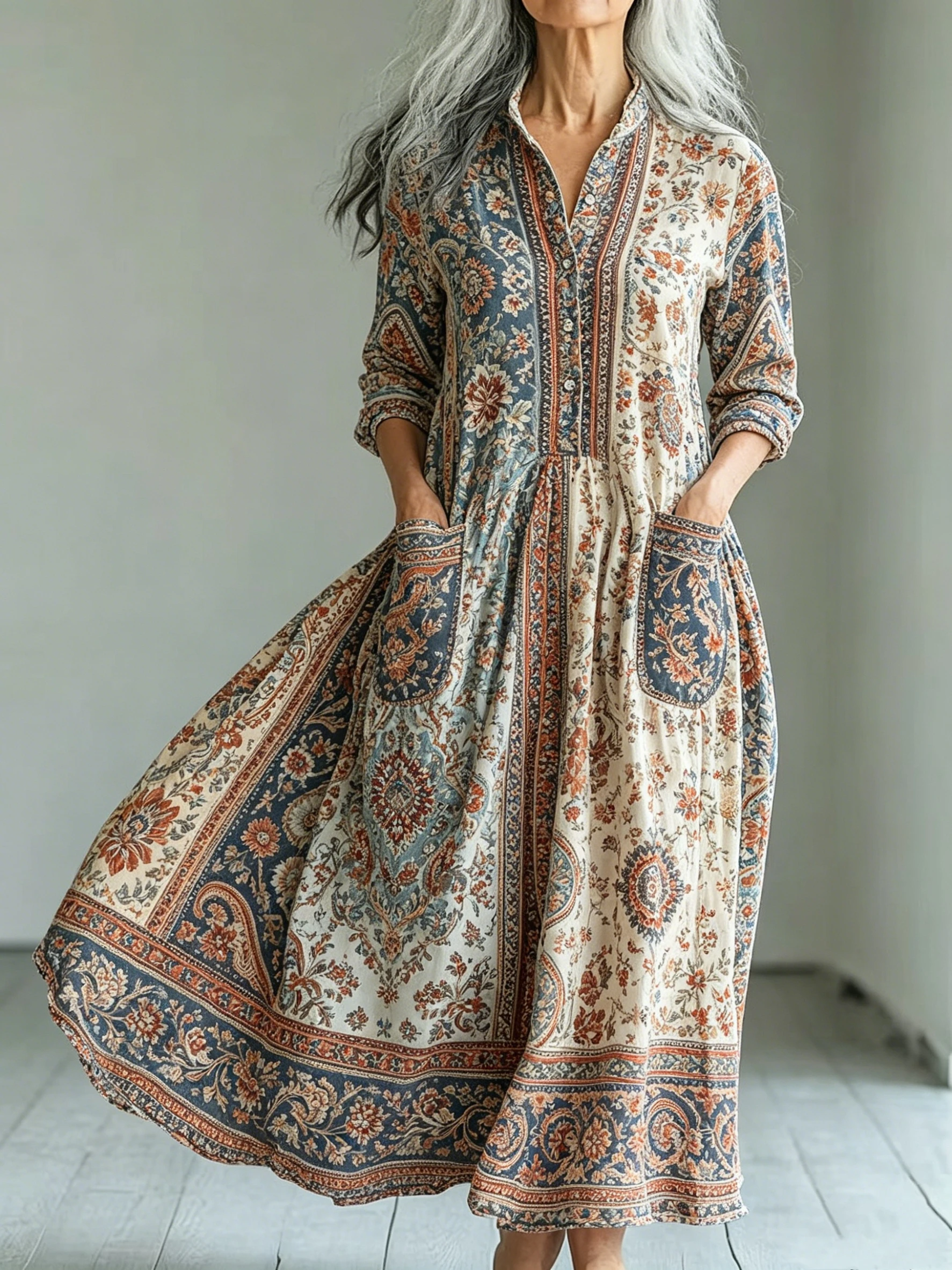 2026 New Bohemian Folk Pattern Shirt Dress Women Lapel Button Loose Fit Long Maxi Street Vacation Dress