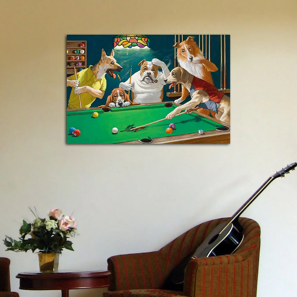 Dogs Playing Pool Billiards Painting Poster and Print Wall Art Canvas Home Decor Decorative Paintings Illustration