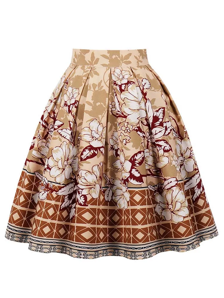 Floral Pleated Short Skirt For Women Summer Vintage High Waist Midi Skirt Female Vacation