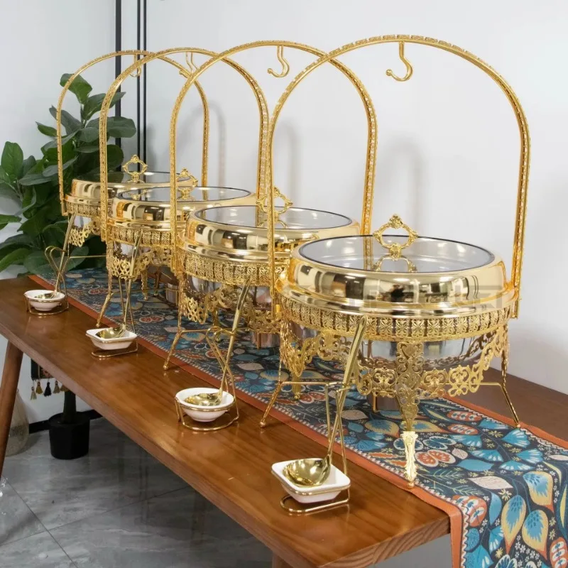 Luxury Stainless Steel 201 Gold Chafing Dish Set With Alcohol Heating 9L Capacity & Hanging Lid For Buffet Catering