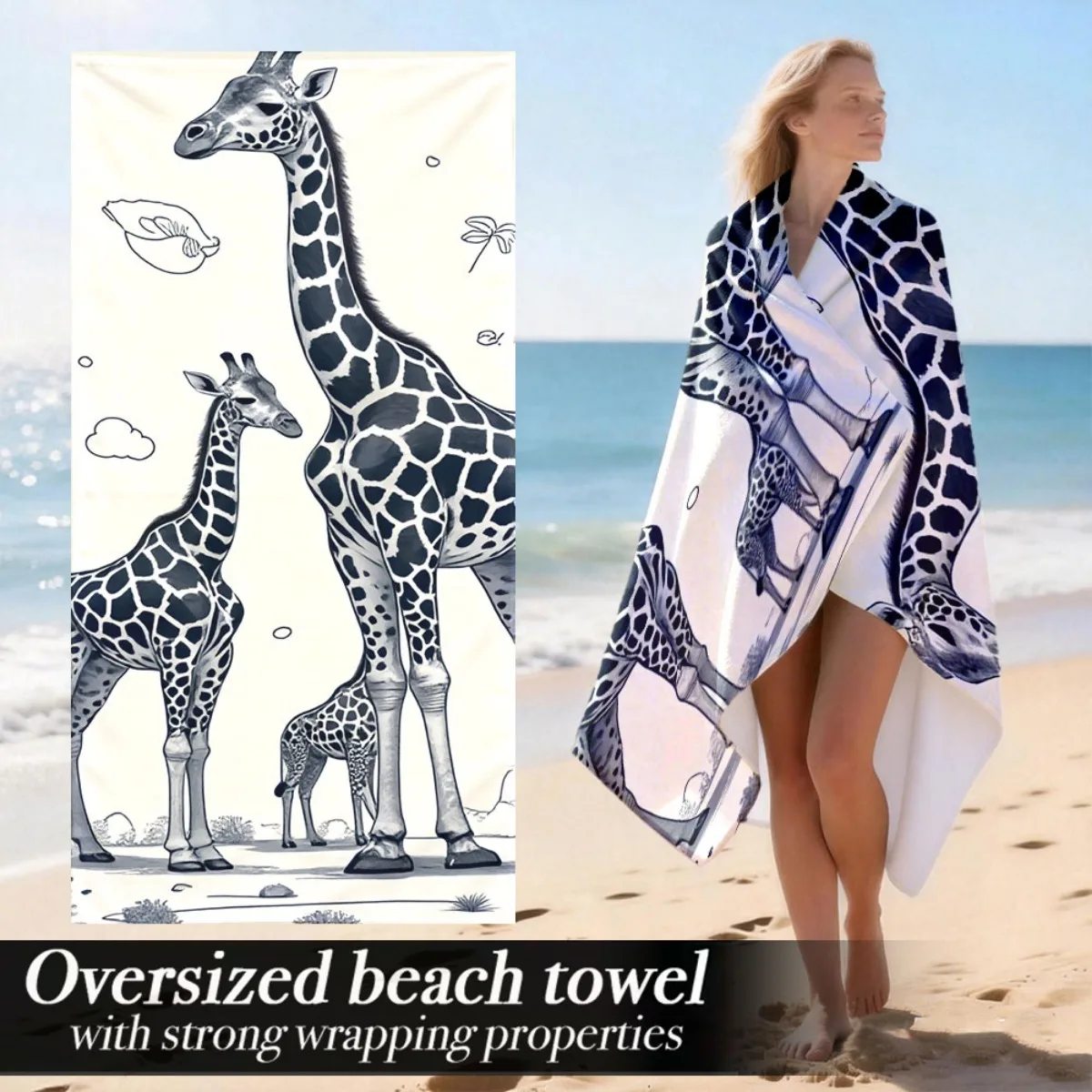 Giraffe Family Print Oversized Beach Towel Patterned Sunscreen And Windproof Suitable For Swimming Pool Camping Travel Blanket