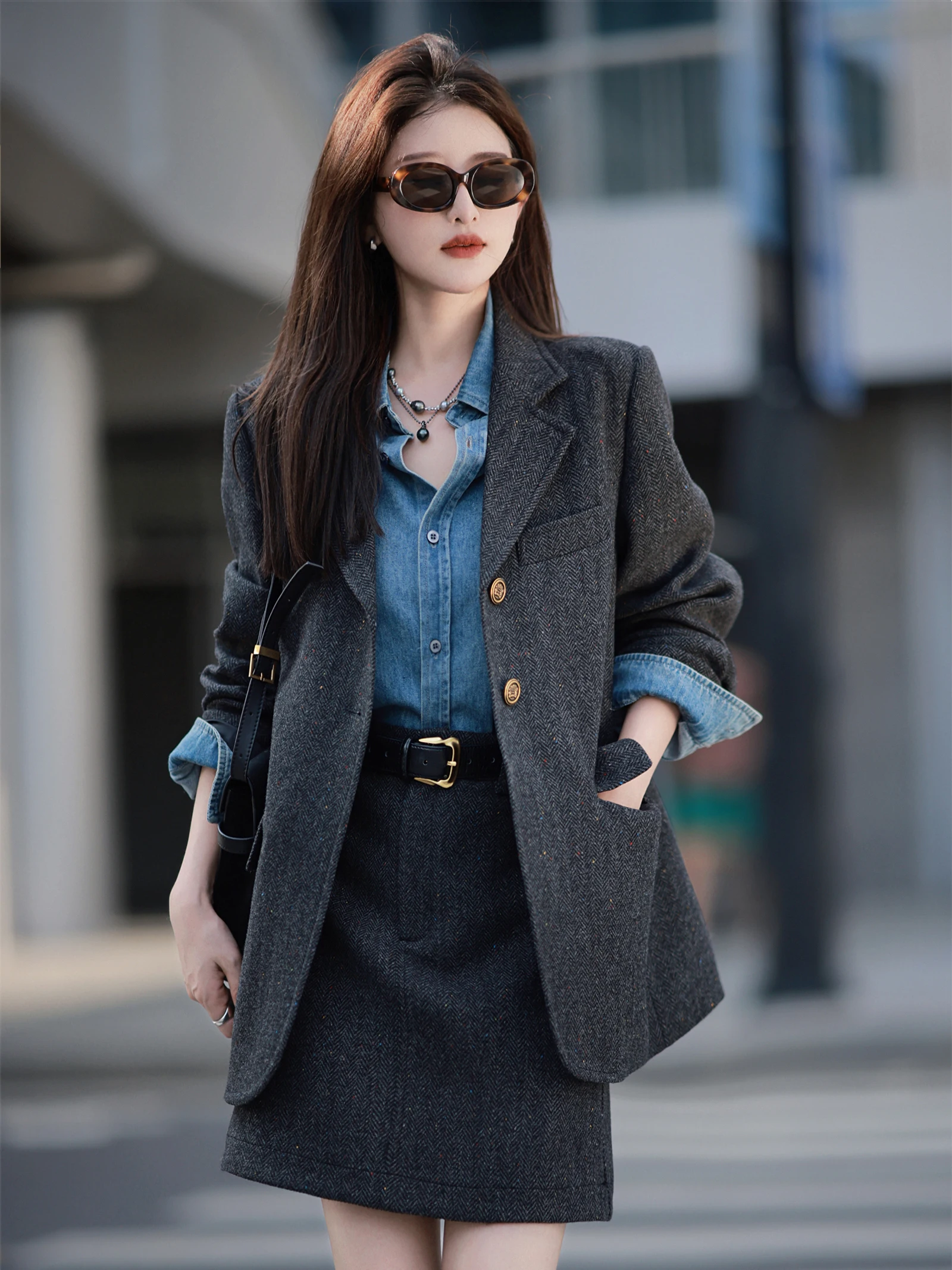 UNXX Harris Suit Set Blazer and High-waisted Skirt 2023 New Autumn Season Women's Outfit Female Office Lady Two-piece Set Trendy