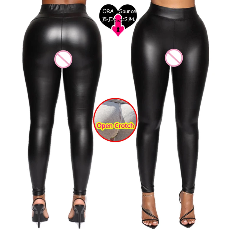 

Woman Open Crotch Leggings Sexy Leather Seamless PU Fitness Invisable Crotchless Zipper Pants Erotic Sport Booty Lift Clubwear