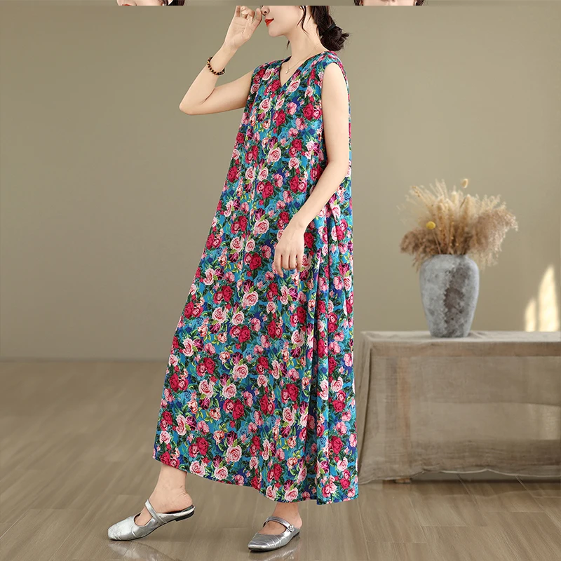 New plus Size Svel V-Ne Gown Vintage Print Silk Cotton Linen Long Dr A-Line Skirt Sle Full Flounce Hem Summer Dr