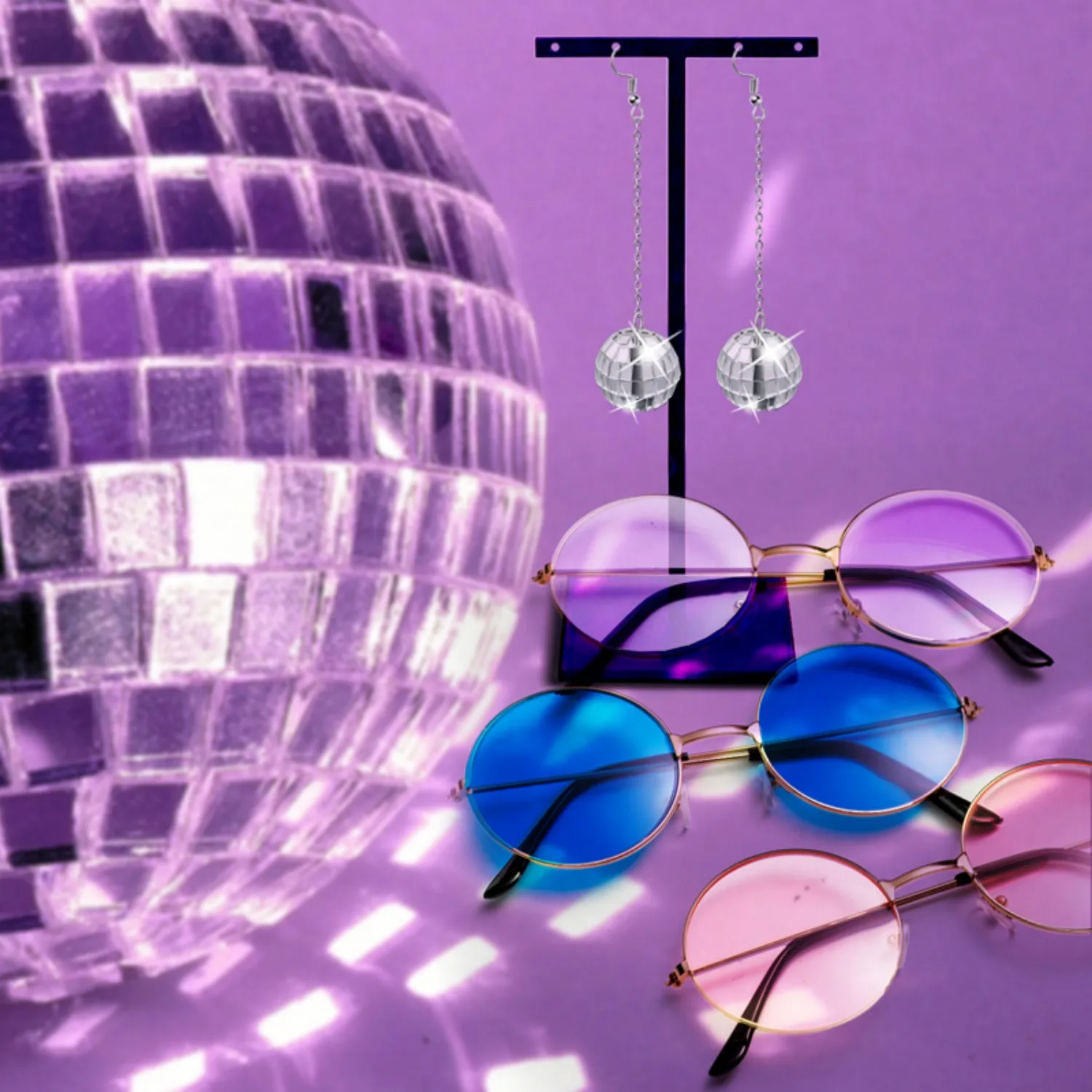 9pcs Hippie Disco Party Costume Accessories Set with Silver Sparkle Drop Earrings Retro Round Sunglasses for 70s Vintage Decor view 4