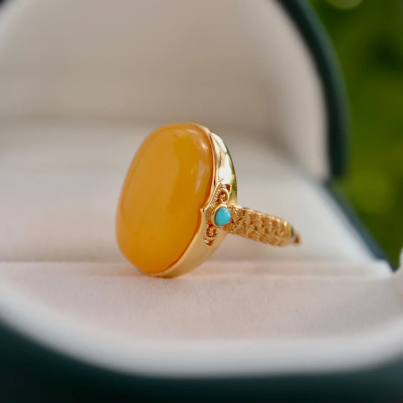 

Natural Chicken Fat Yellow Beeswax S925 Sterling Silver Open Surface Old Wax Ring