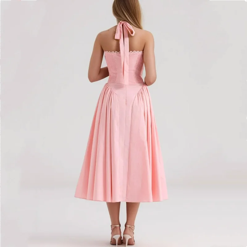 2024 Sexy Pink Corset Style Bow Halter Dress Spliced Lace Drawstring Rope Chest Pleated Slim Low Waist A-lined Swing Midi Robe