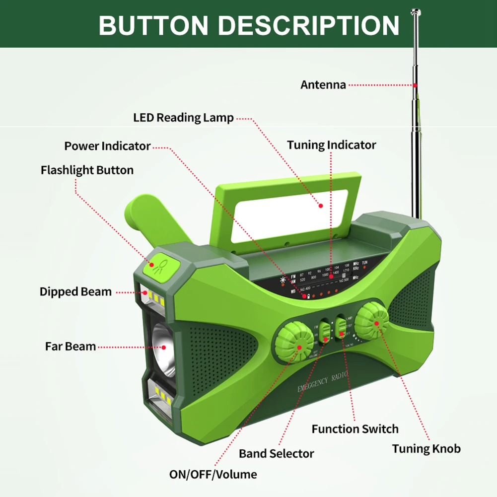 10000mAh Multifunctional Radio Hand Crank Solar USB Charging FM AM WB NOAA Weather Radio Emergency LED Flashlight Torch Power