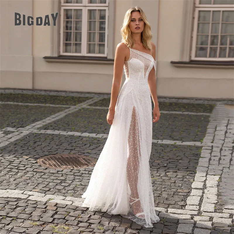 Vestido De novia elegante De corte en A para mujer, blanco con espalda abierta vestido De novia, lentejuelas, un hombro, abertura lateral, 2024