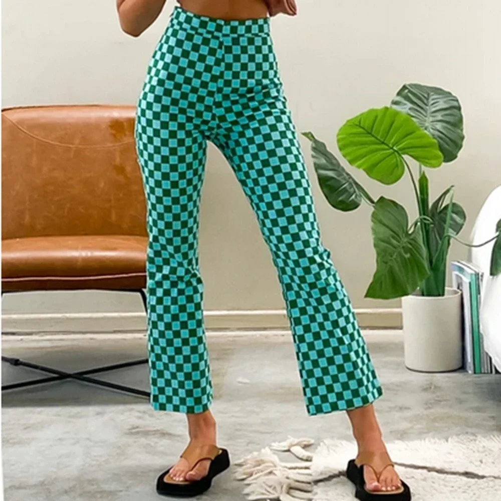 Combhasaki Women Y2K Vintage Aesthetic Plaid Print Slim Fit Pants Classic High Waist Slim Fit Straight Leg Ankle-Length Trousers