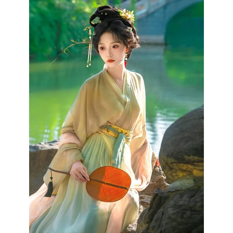 Song Dynasty Lady Hanfu Green Surrounding Skirt With Shawl Full Set Ancient Costume