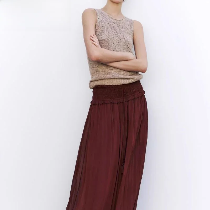 

Ele Mid-Waist Wide-Leg Midi Skirt Women's New Arrival Spring Summer Faion Breathable Elastic A-Line Long Skirt
