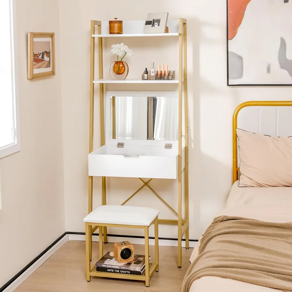 Dresser set with flip-up mirror, trapezoidal dresser and upholstered stool set with 4 storage compartments (White + Gold)