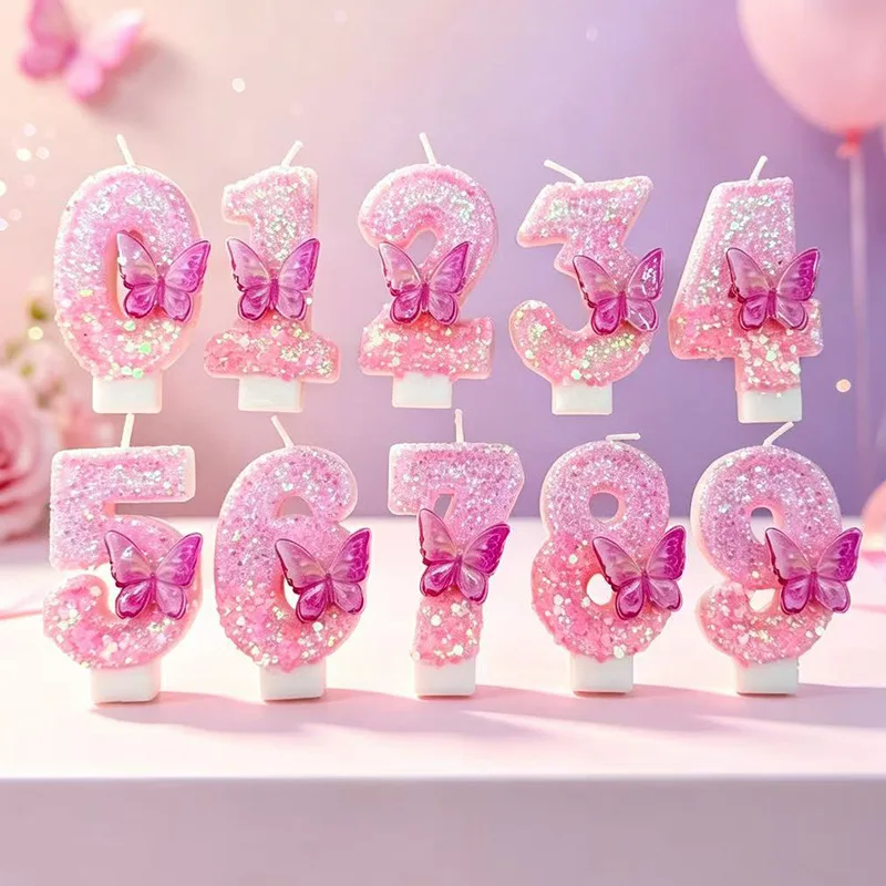 Pink three-dimensional butterfly decorated birthday number candles, birthday commemorative candles, party gifts