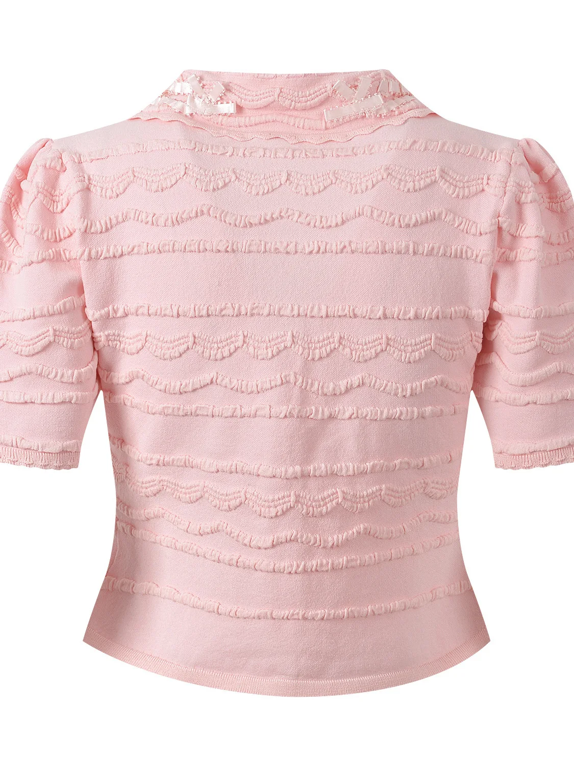 Summer 2026 Sweet Ladylike Style Short Sleeve Knitted Doll Collar Cream Icing Bead Decorated Top Casual Bubble Sleeve Ice Silk