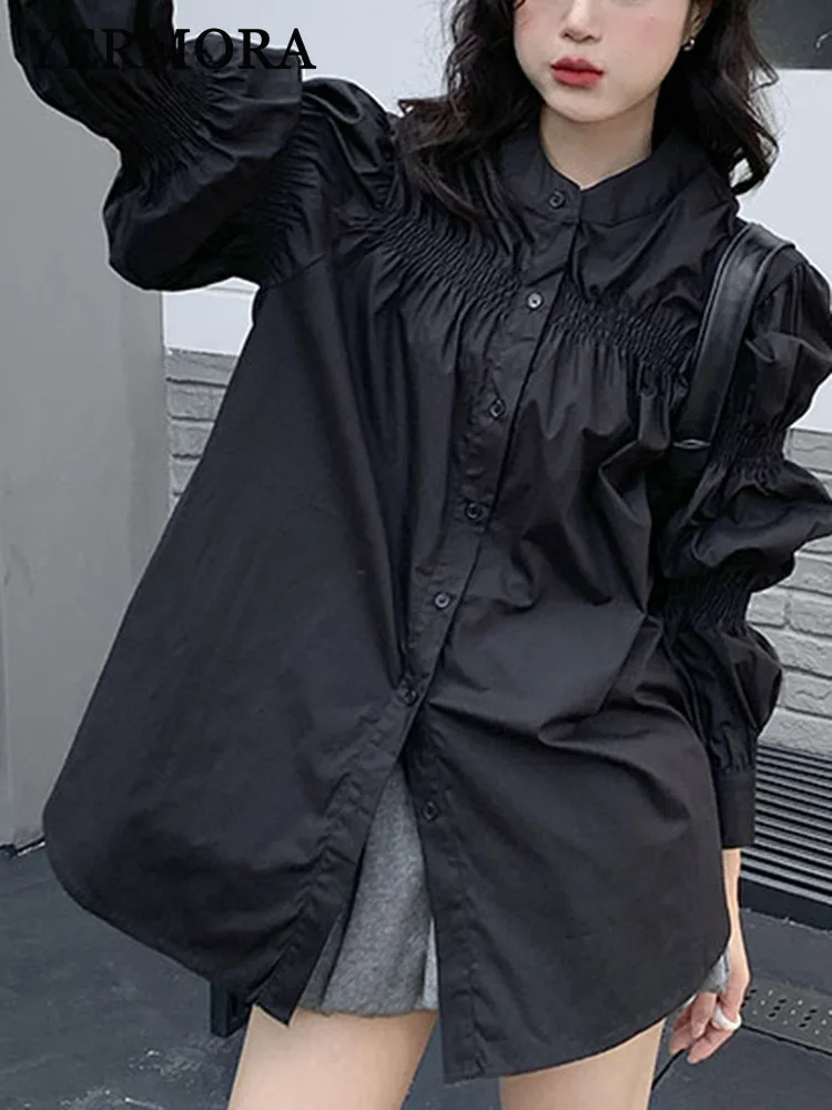 

YERMORA Black Pleated Cotton Casual Blouse For Women Stand Collar Long Sleeve Loose New Shirt Fashion Tide Spring Autumn 2025