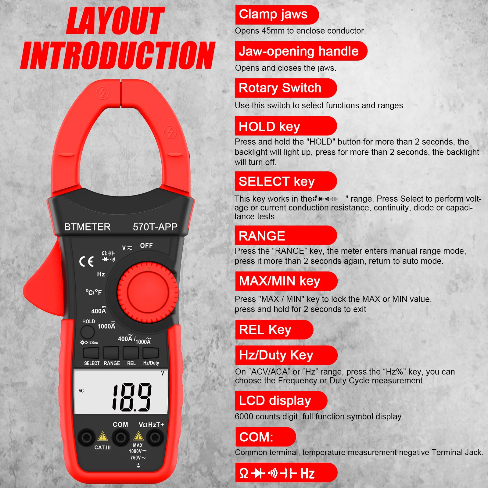 BTMETER BT-570T-APP Digital AC DC Clamp Multimeter Auto-ranging APP Bluetooth Measures Current, Voltage, Resistance, Capacitance