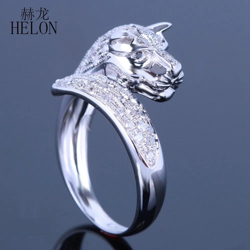 

HELON 0.9CT Natural Diamonds Ring For Women Real 14k 10k White Gold Leopard Ring Sparkling Black Diamond Engagement Fine Jewelry