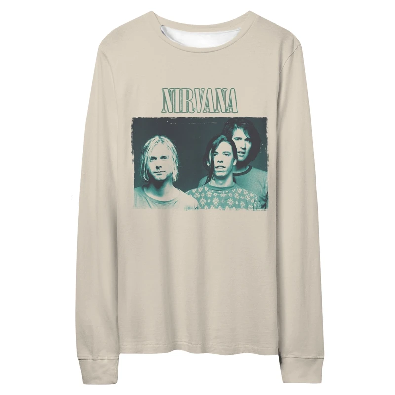 Kaos cetak 3D Nirvana Band rock Loose punk fashion multi-guna lengan panjang untuk musim gugur dan musim dingin