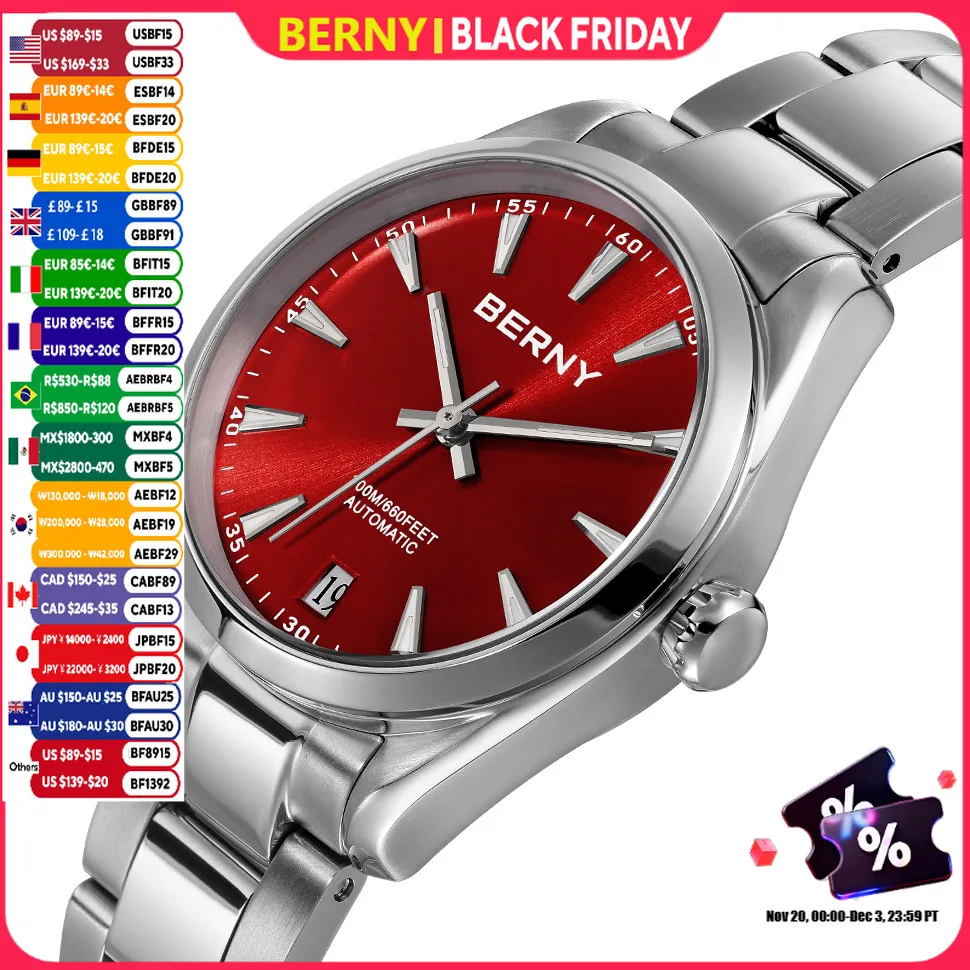 BERNY Women Watch Automatic Mechanical Full Stainless Steel Sapphire Elegant Women's Swim Watches Calendar 20ATM Wristwatch