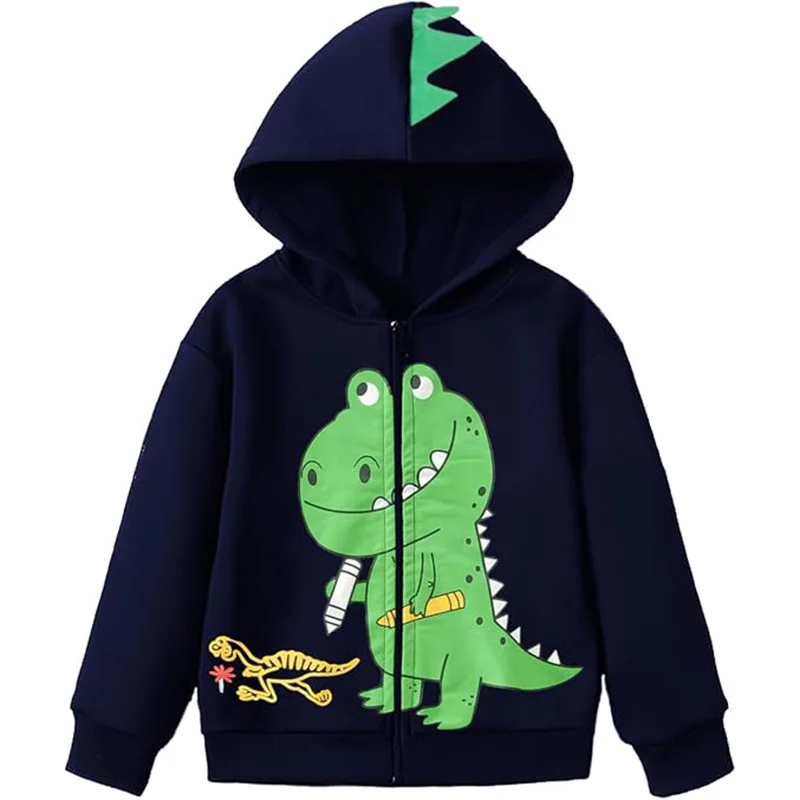 Little Hand Boys Outdoor Zip Hoodie Jacket Toddler Cartoon Green Dinosaur Print Casual Cotton Outer Coat for Daily Play 2‑7T Kid