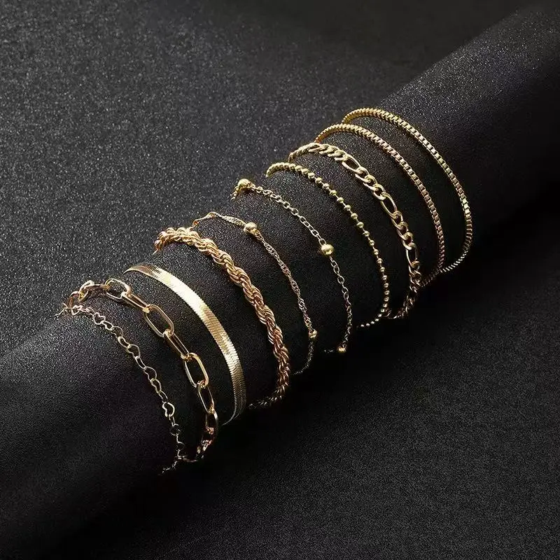 10 Pcs Vintage Statement Gold Color FlatSnake Chain Box Chain Bracelet BohoMulti-layer Metal Bracelet Women'sSummer Jewelry