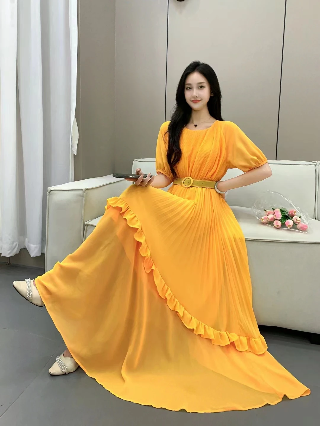 2024 New Summer Women O-Neck Short Sleeve Belt Slim Long Dress High Quality Fashion Patchwork Big Hem Chiffon Pleated Dress