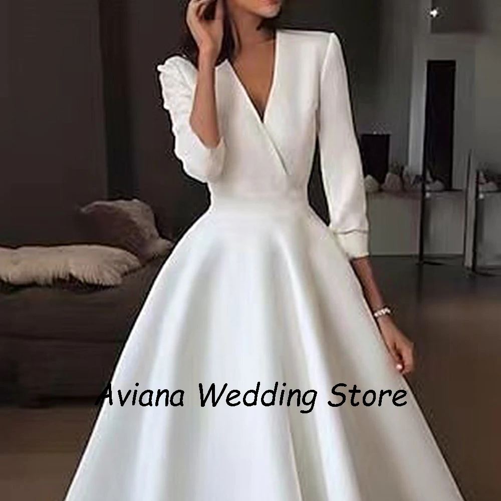 Customized Elegant Simple Midi Wedding Dresses Satin V-Neck 3/4 Length Sleeve Short Brides Dress Women Vestidos De Novias 2025