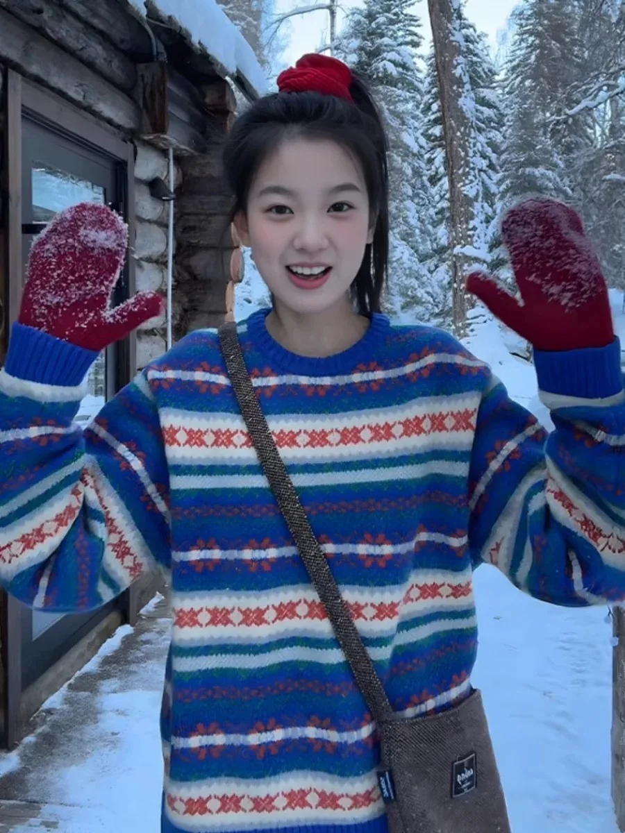 الرجعية الكورية Sle المرأة فضفاضة تناسب Thiened سترة ناعمة جزيرة الأزرق محبوك أعلى لخريف وشتاء الدفء المريح