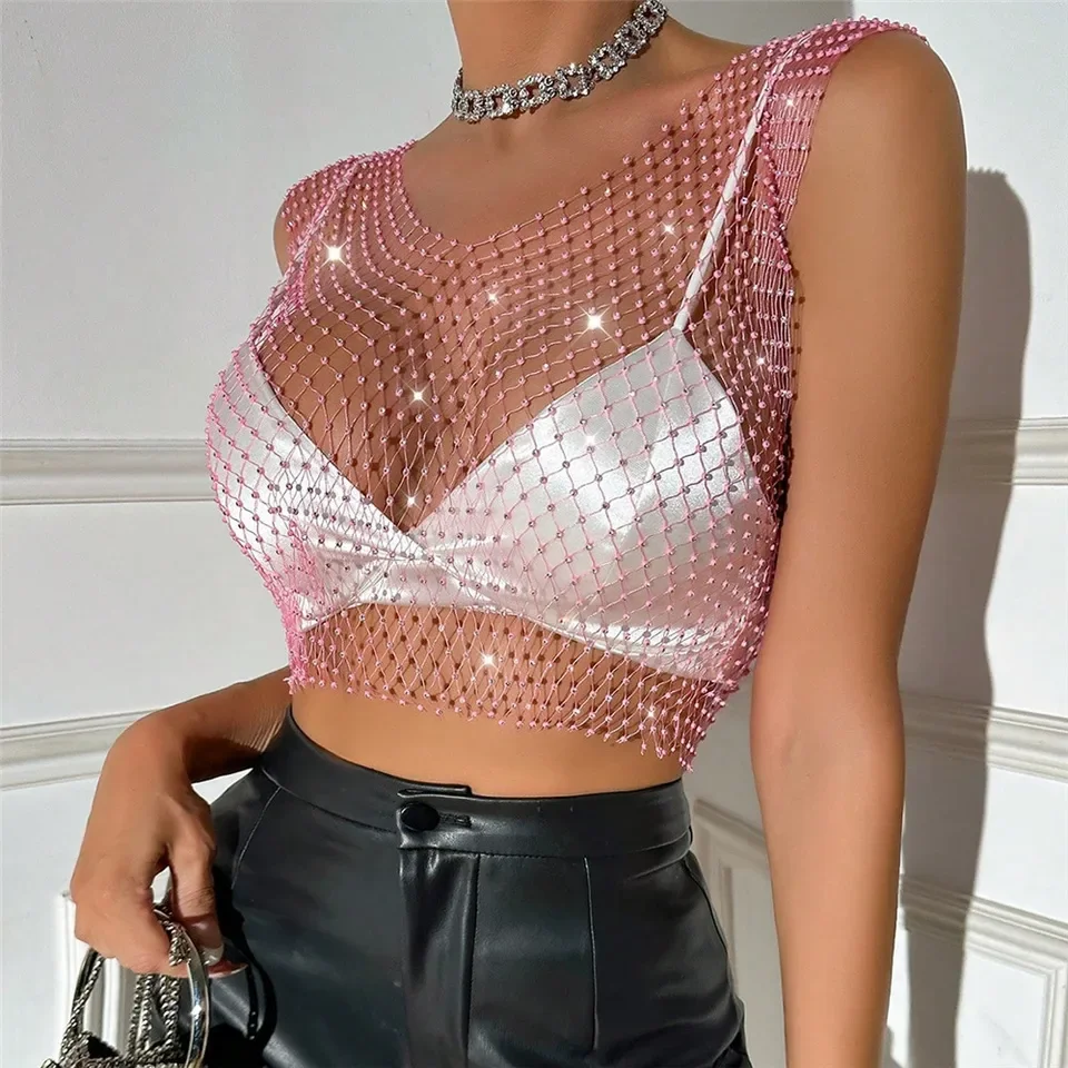 Electronic Music Festival Baroque Feng Shui Fishing Net Vest For Women, Patchwork Short-Sleeve Top