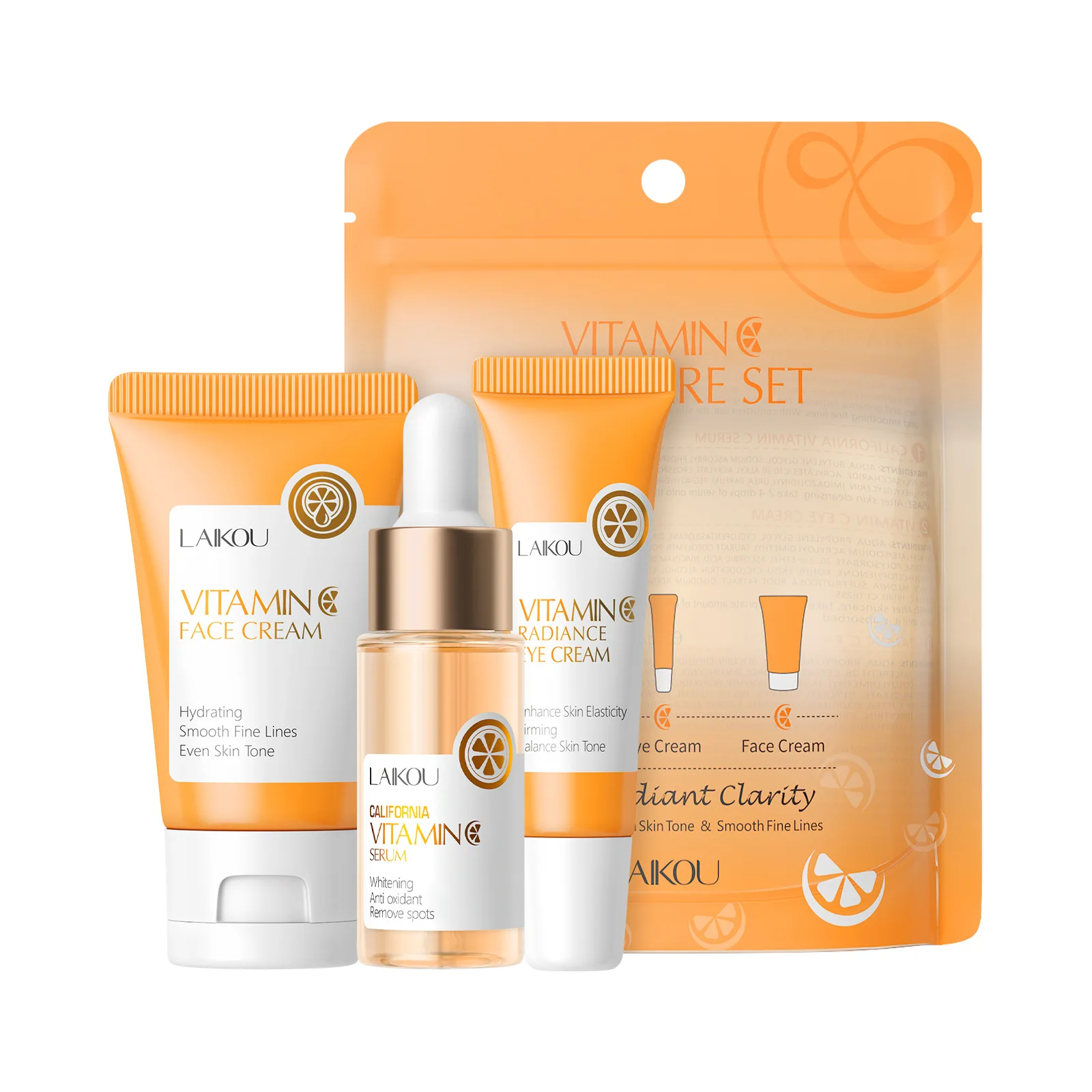 LAIKOU Serie de vitamina C Juego de productos para el cuidado de la piel Juego de cuidado de la piel hidratante de 3 piezas Crema para ojos con esencia limpiadora