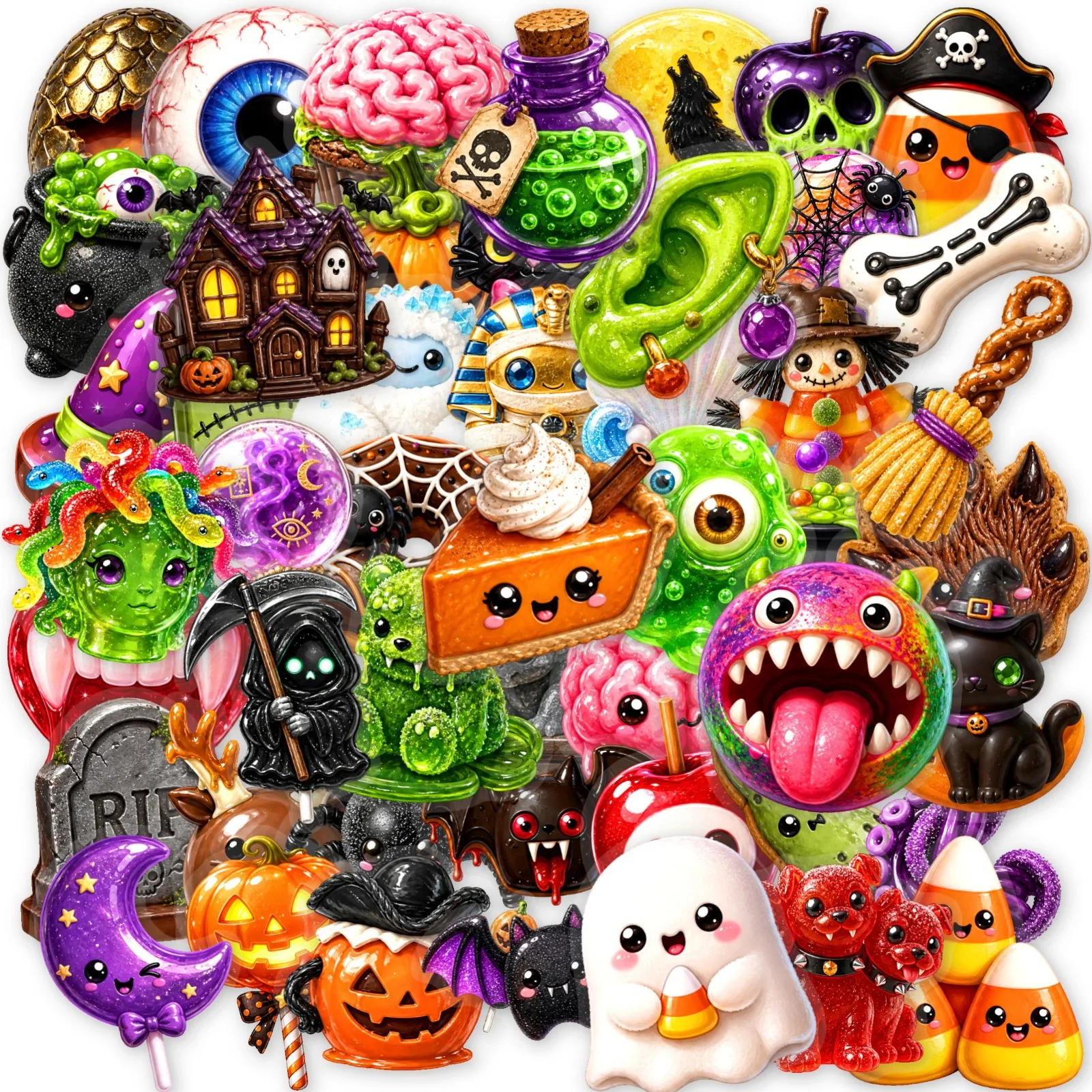 50Pcs Transparent PET Halloween Stickers Cartoon Pumpkin Ghost Bat Pattern DIY Decor Decals for Journal Water Bottle & Notebook
