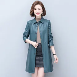 Nouveau Femmes Printemps Automne Manteau en cuir Casual Mode Doublure en coton plus Moyennement long Loose Peau de mouton Trench Coat Mère Vêtements d'extérieur