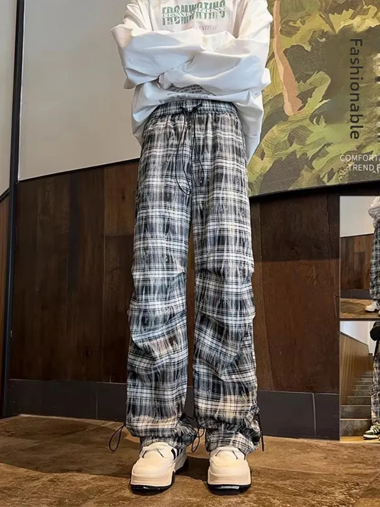 กางเกงขายาวลายสก็อตทรงตรงเอวสูงสำหรับผู้ชายรูปร่างสูง ดีไซน์ทันสมัย สไตล์ลำลอง เหมาะสำหรับฤดูใบไม้ผลิและฤดูใบไม้ร่วง